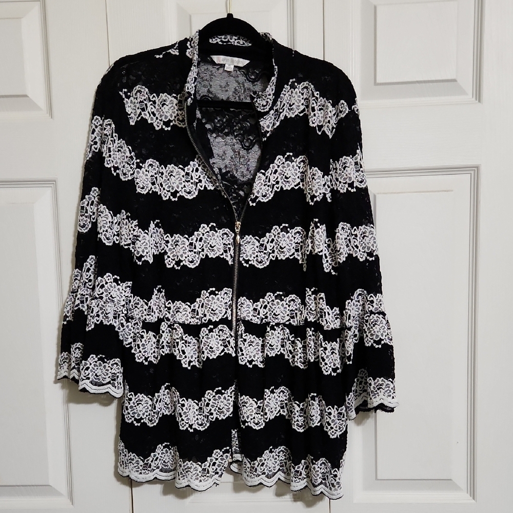 Erin London Black and White Embellished Blouse with 3/4 Sleeves